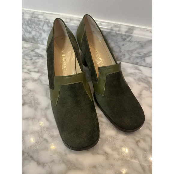 Bottega Veneta Olive Suede Block Heels Leather Trim Pumps Size 10